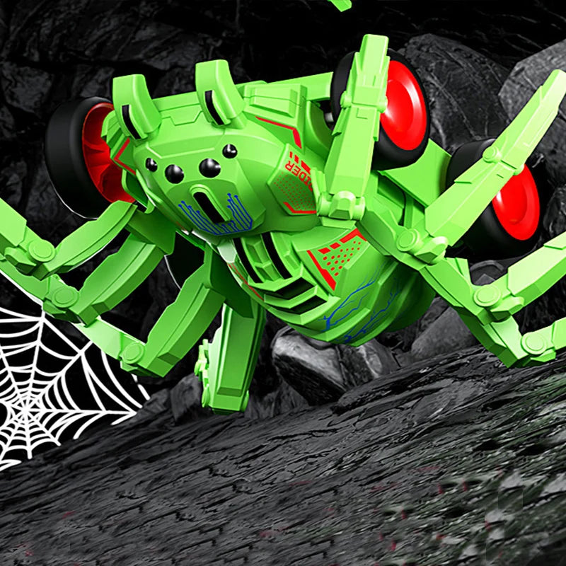 A bright green inertia-powered spider crawling toy car is shown in a dynamic, low-angle shot against a dark background.