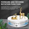 A gold-colored motorized rotating display stand with controls for forward and reverse rotation functions.