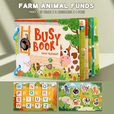 A set of farm animal funds pages and accessories for a busy book featuring various animals like a pig, cow, donkey, turkey, s