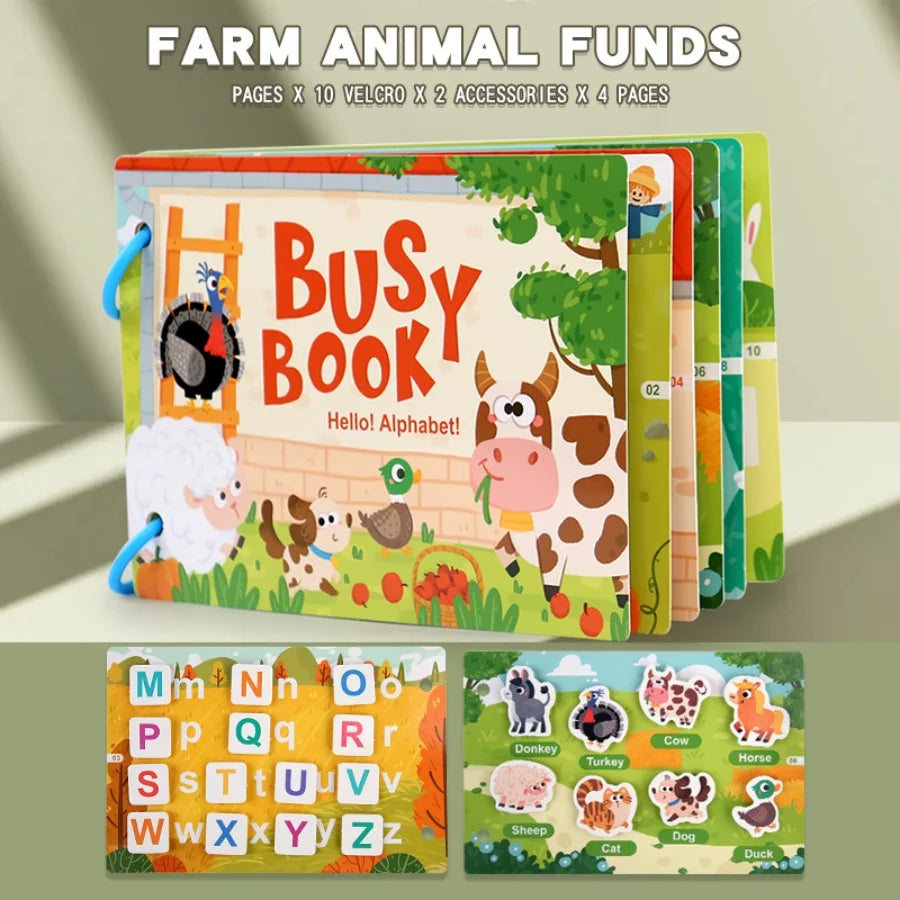 A set of farm animal funds pages and accessories for a busy book featuring various animals like a pig, cow, donkey, turkey, s