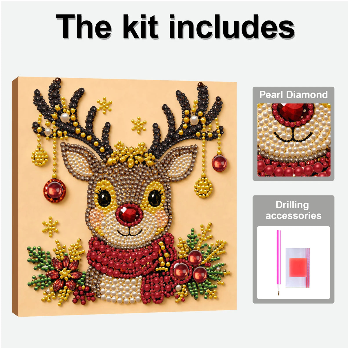 A detailed pearl diamond painting kit featuring a reindeer head design with antlers and festive decorations.