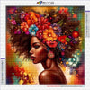 A vibrant diamond painting of an African woman's portrait featuring intricate floral elements and rich, warm tones.