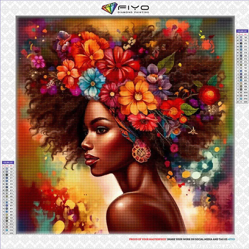 A vibrant diamond painting of an African woman's portrait featuring intricate floral elements and rich, warm tones.