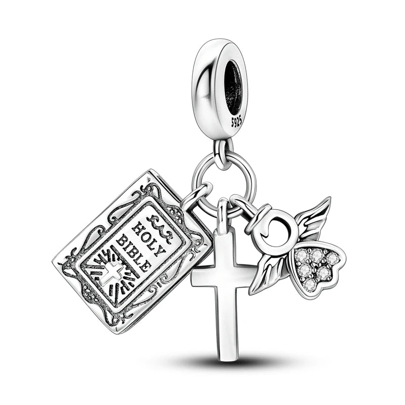 A sterling silver charm featuring a cross and a flower design, suitable for DIY bracelet making.