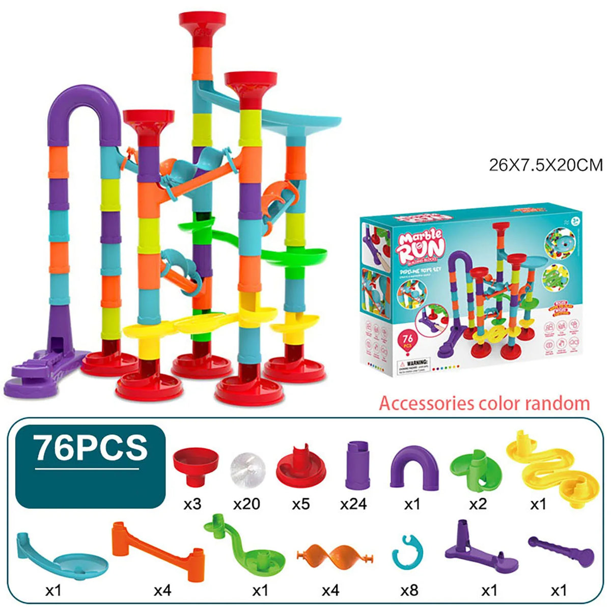 A set of colorful marble run building blocks and accessories for kids