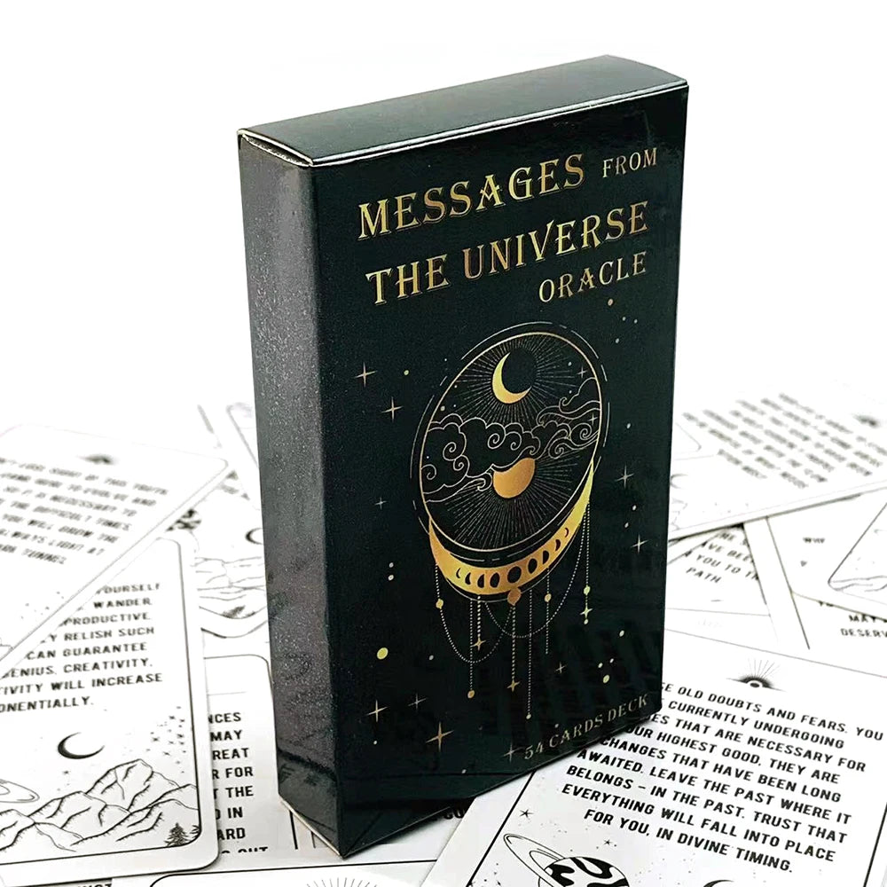 A black box containing a Messages From The Universe Oracle card deck with gold lettering and celestial designs.