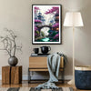 A framed painting depicting a scenic cityscape with pink cherry blossoms and an arched bridge.