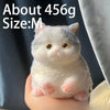 A small white cat shaped squishy stress relief toy is held in a person's hand.