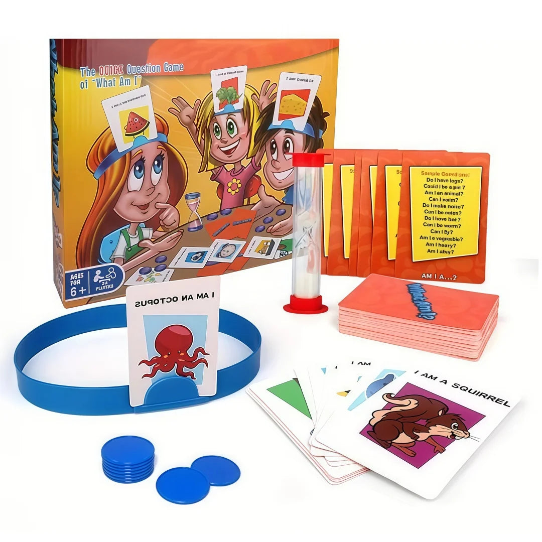 A box of the Guess Who I Am family card board game featuring illustrations of people and a blue game board.