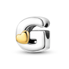 A sterling silver alphabet charm shaped like the letter G with a heart accent, featuring cubic zirconia.