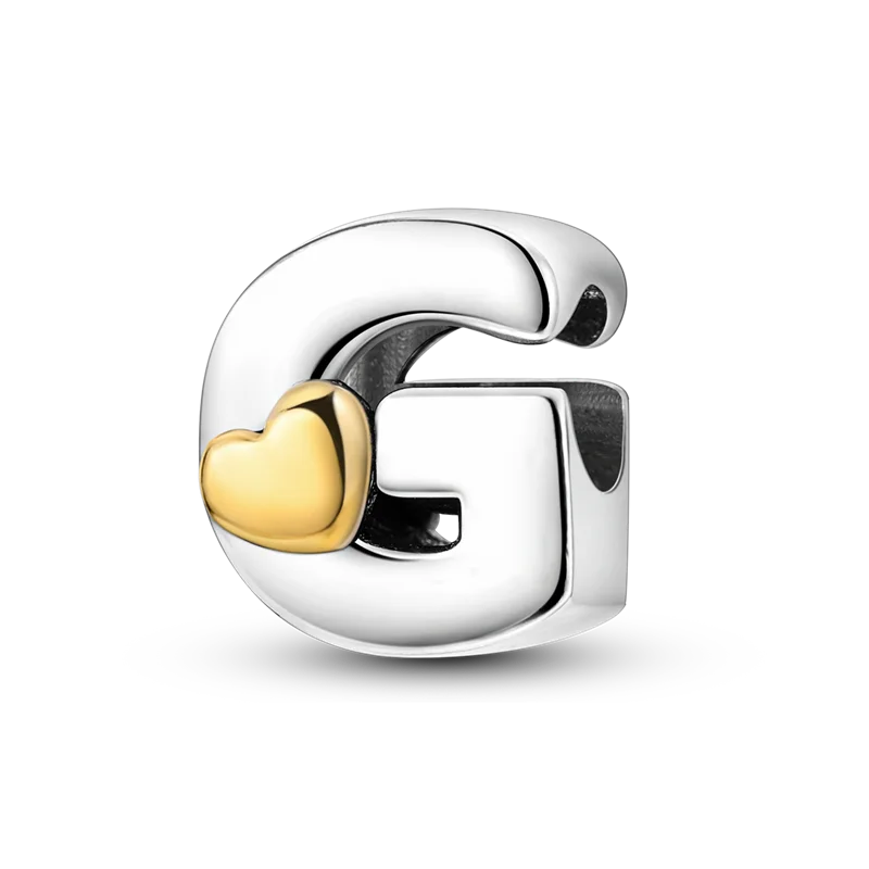 A sterling silver alphabet charm shaped like the letter G with a heart accent, featuring cubic zirconia.