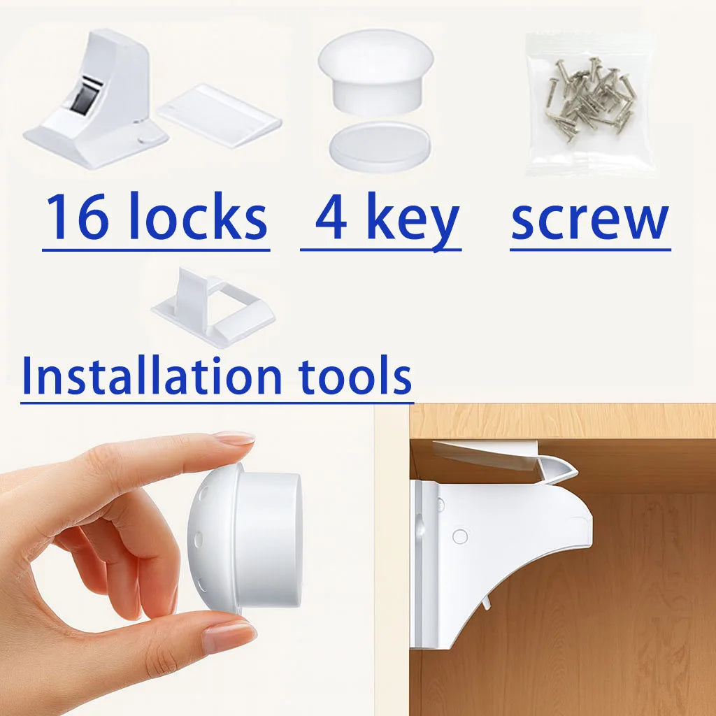 A hand holds a white magnetic cabinet lock, demonstrating the installation tool for safety locks.