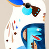 Abstract painting of a bird or animal in various shades of blue, brown, and white on a canvas.