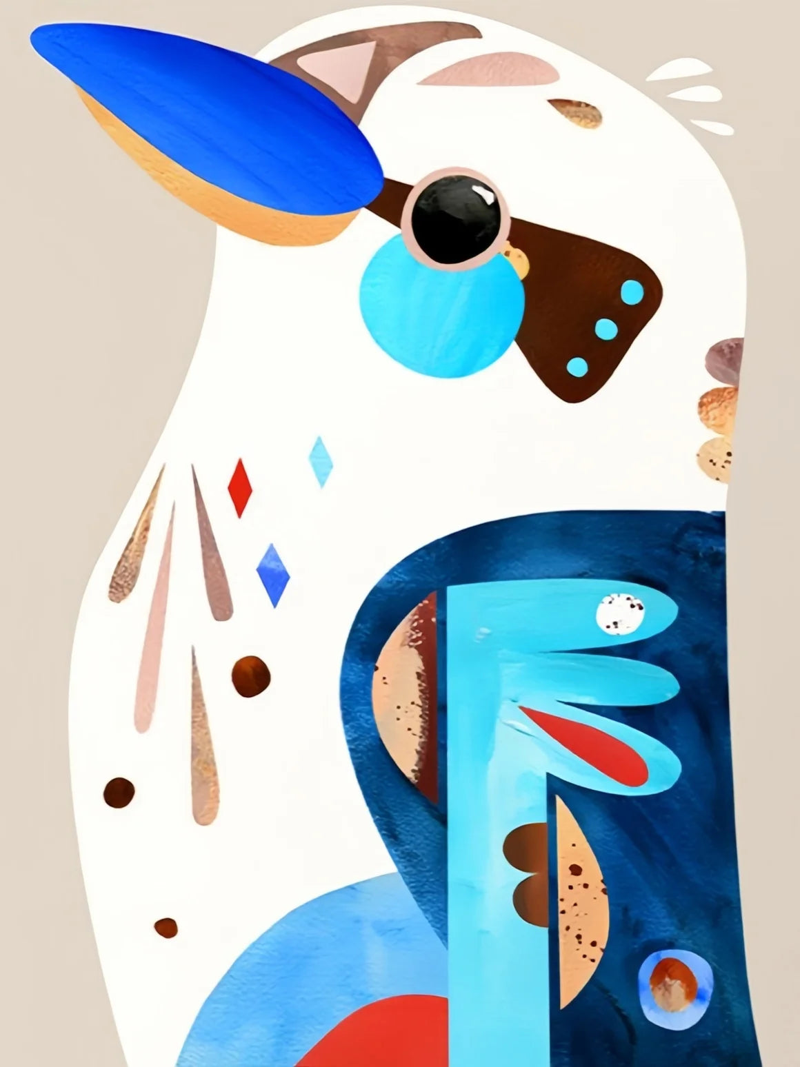 Abstract painting of a bird or animal in various shades of blue, brown, and white on a canvas.