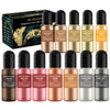 A set of 12 metallic pigment powders in various colors including gold, red, brown, and silver for crafting.