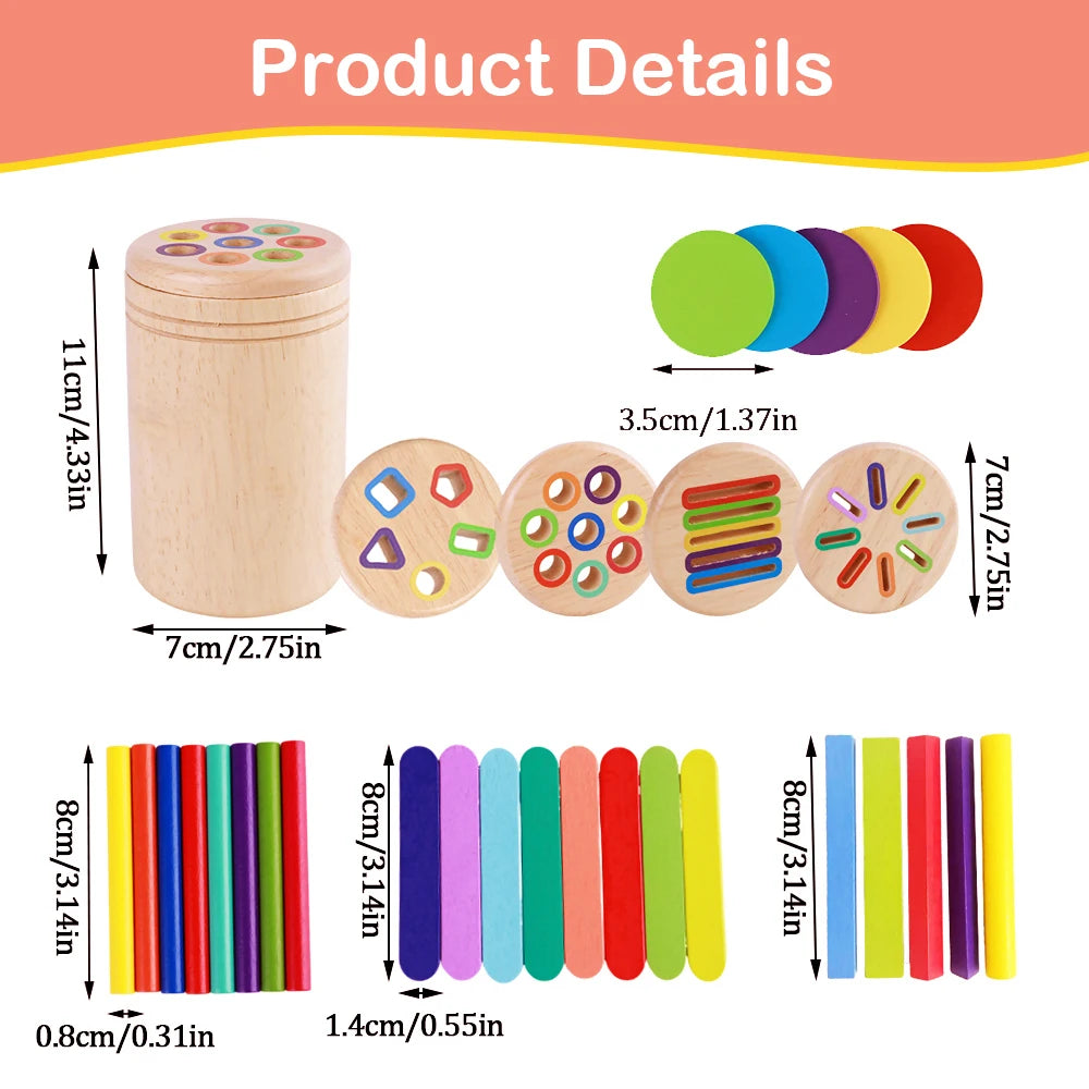 A set of wooden color classification sticks and a cylindrical container for sorting colors.