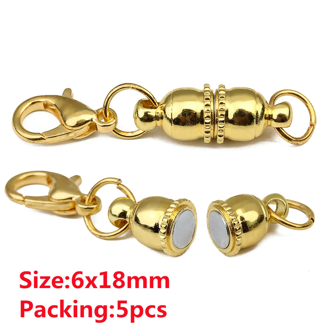 Gold-colored magnetic clasps for jewelry making, packaged in a set of five.