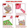Step-by-step instructions for drilling a point to glue a colored diamond painting onto a keychain.