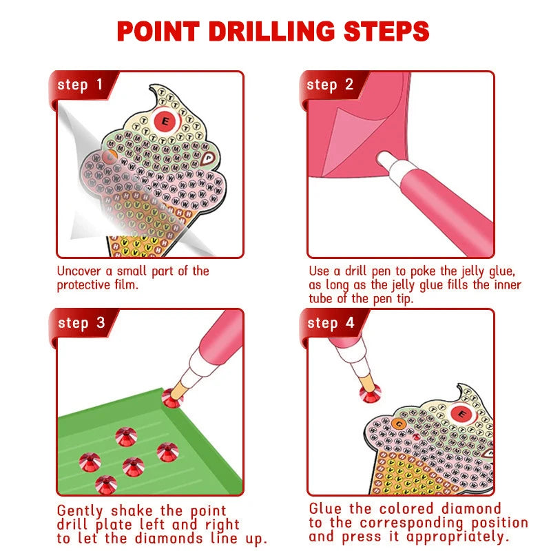 Step-by-step instructions for drilling a point to glue a colored diamond painting onto a keychain.