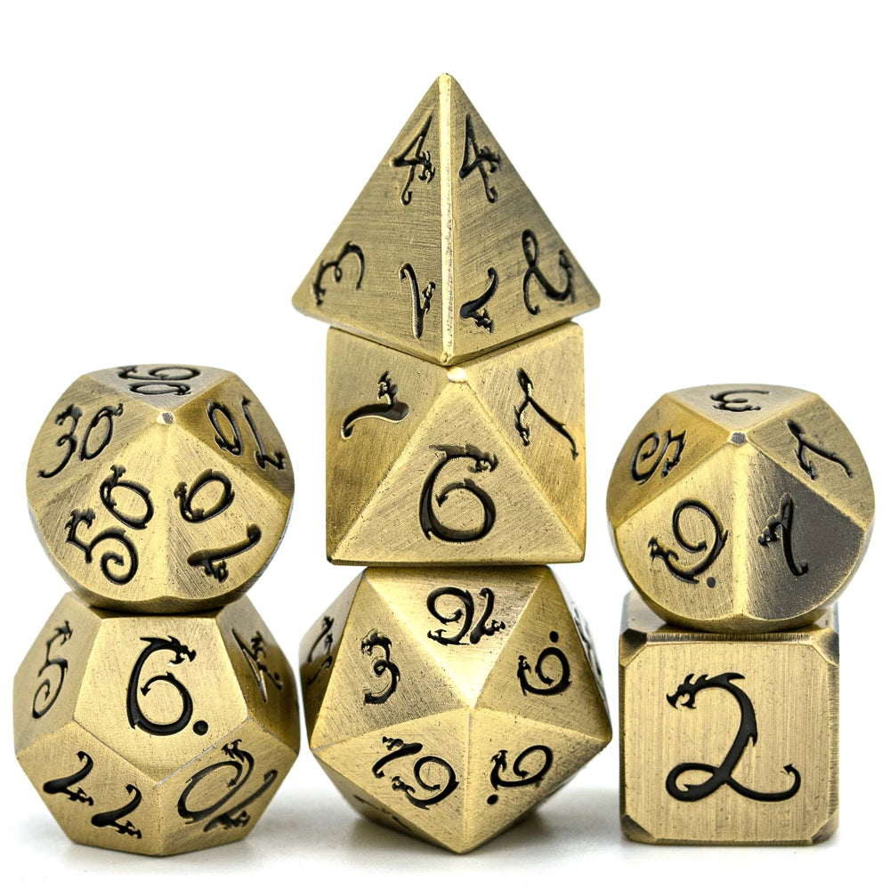 Premium Metal Polyhedral Dice Set with Dragon Font