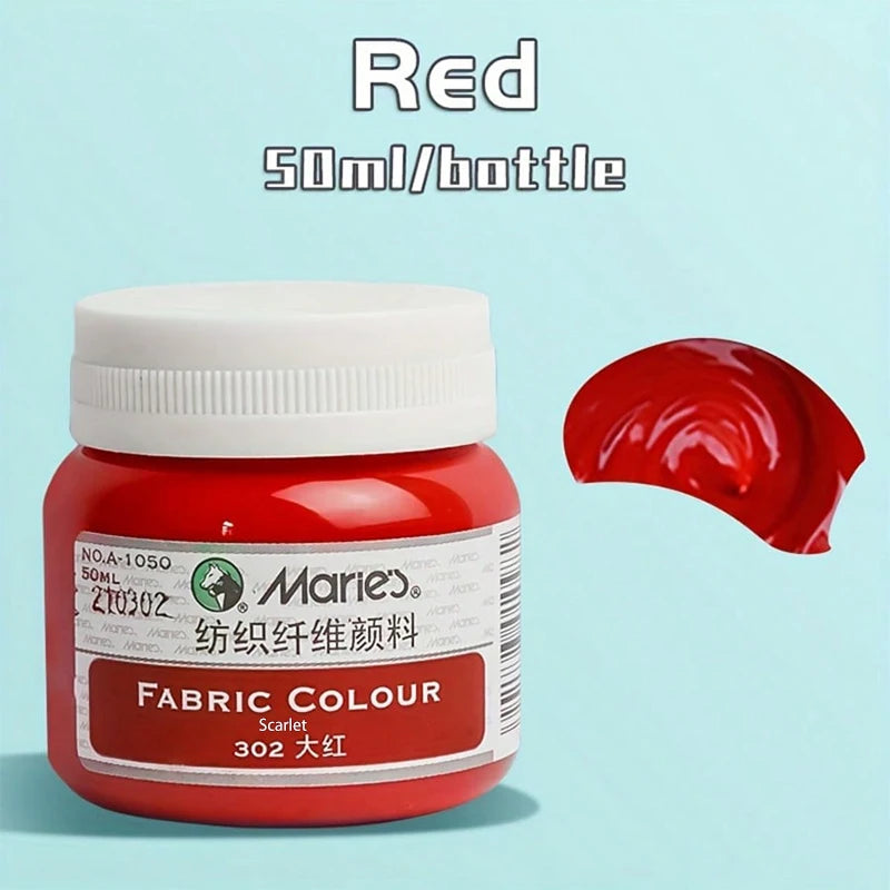 A bottle of red fabric colour paint labeled Marie's Scarlet 302 for DIY projects with a red paint swatch.