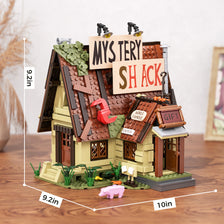 A detailed building block set of a mystery shack featuring a wooden house, roof, and various accessories.