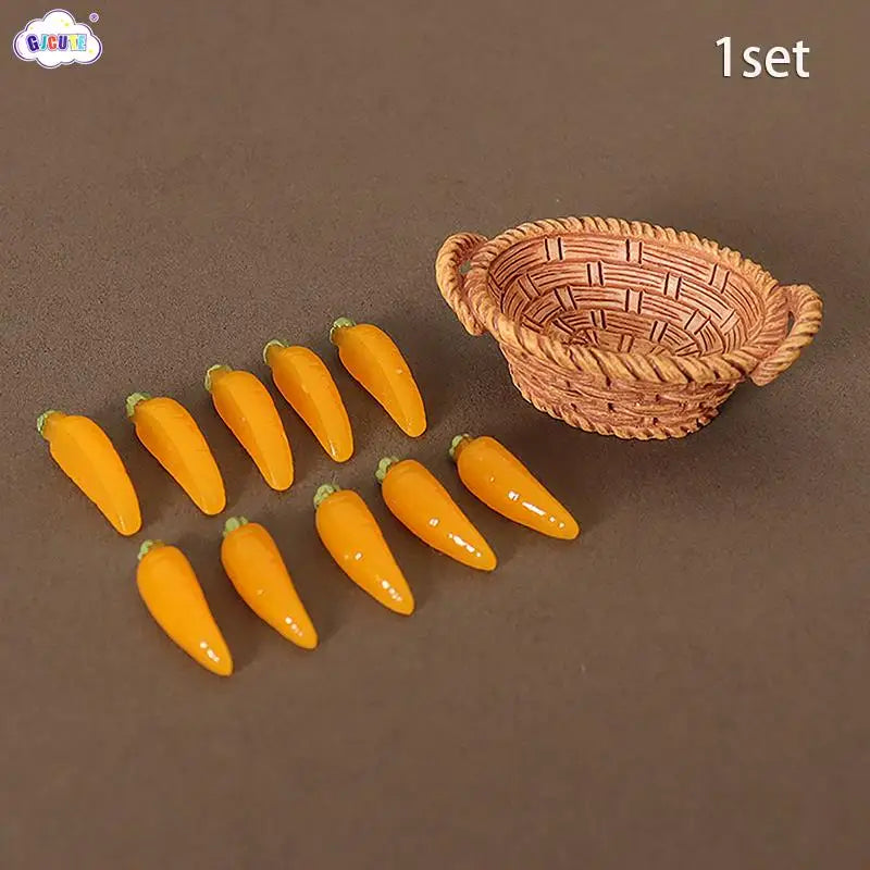 A set of miniature dollhouse vegetable baskets made of woven natural material.