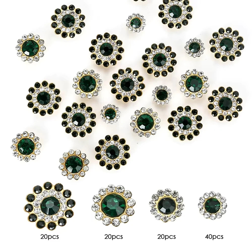 A collection of green and black crystal glass sunflower claw rhinestones for sewing, displayed in various quantities.