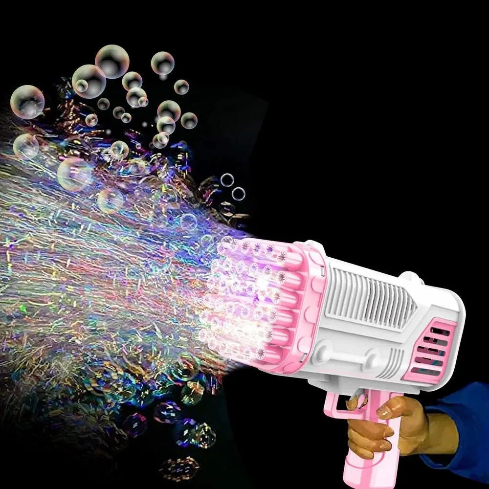 A hand holds a pink and white bubble gun firing a stream of iridescent bubbles against a black background.