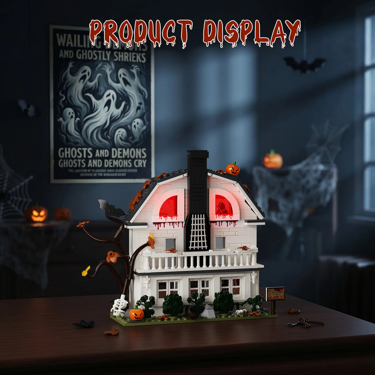 A detailed model of a haunted house built from white blocks, decorated with pumpkins and spooky elements.