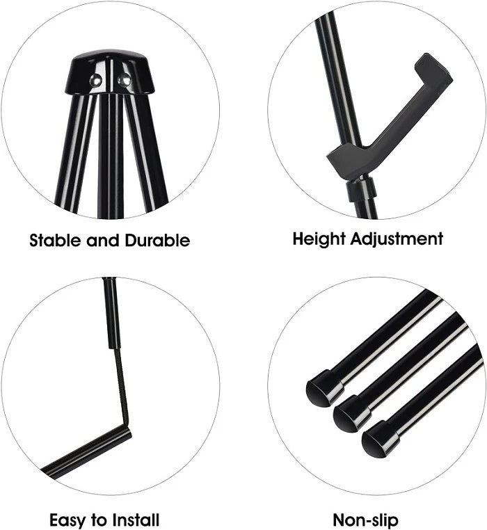Image showing features of an adjustable foldable metal easel stand including stability, height adjustment, easy installation,