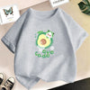 A light gray t-shirt featuring a cute avocado and lemon graphic design.