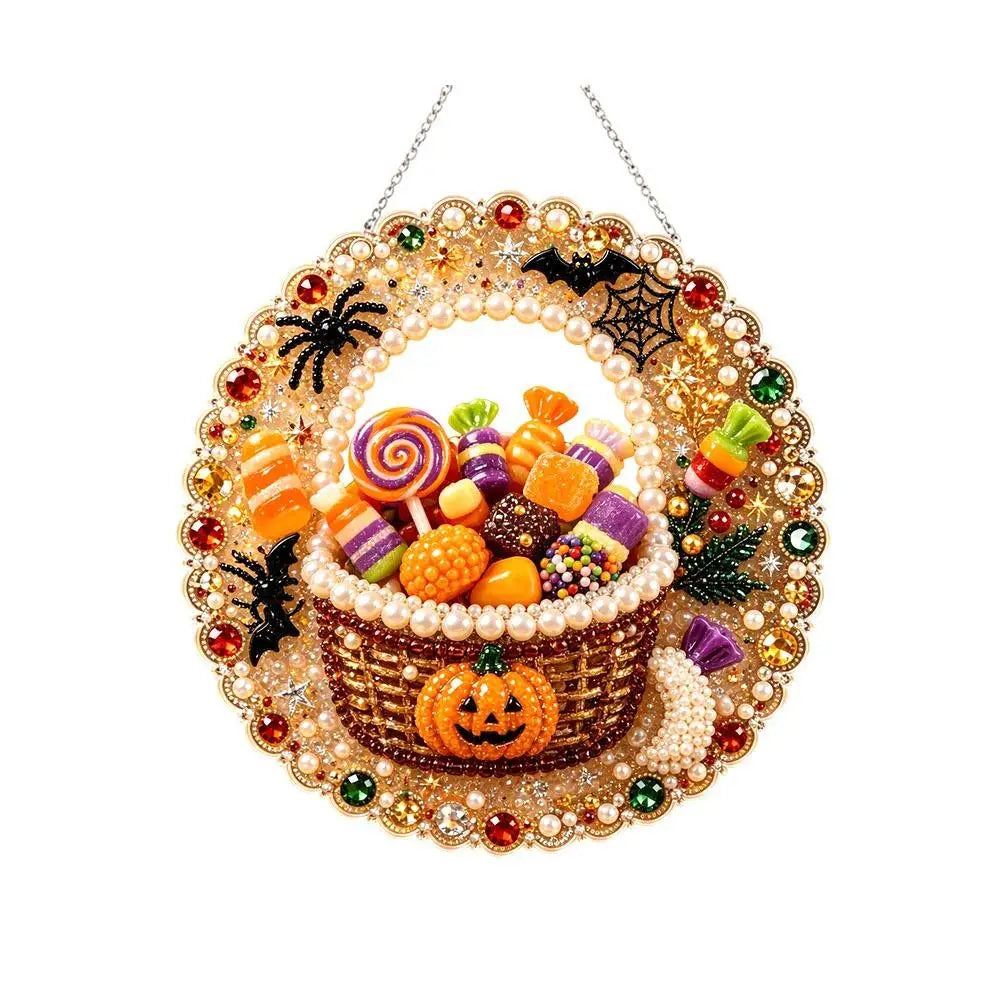 A hanging ornament kit featuring a golden wreath with Halloween-themed items like spiders, pumpkins, and colorful candies.