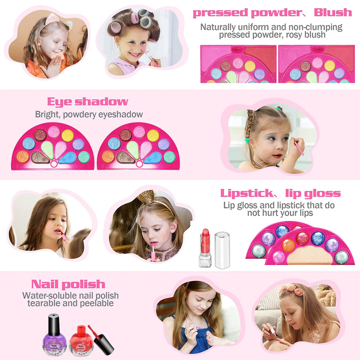 A collection of kids makeup products including pressed powder, blush, eyeshadow, lipstick, lip gloss, and nail polish.