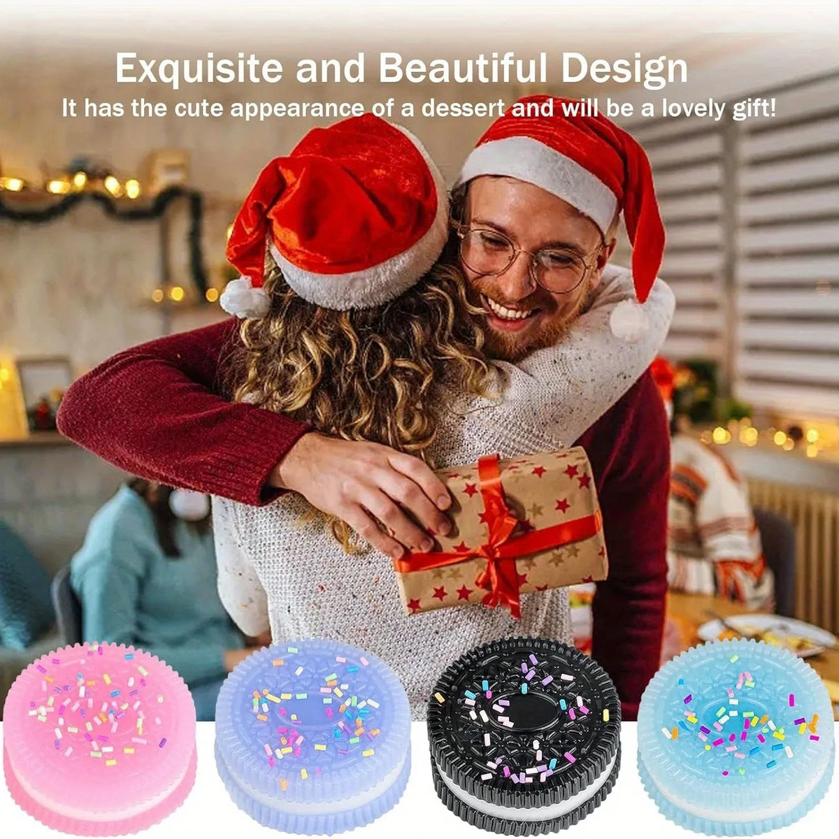 A collection of colorful squishy stress relief toys including pink, blue, black, and light blue versions.