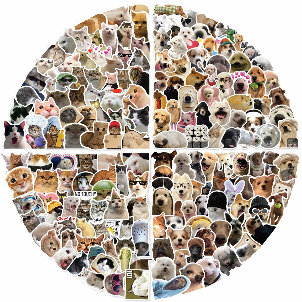 A circular arrangement of various cute cat and animal stickers for crafting and decorating