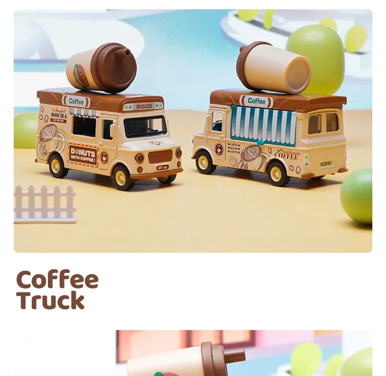A light brown toy coffee truck resembling a vintage delivery vehicle with a cylindrical top, sitting on a yellow surface.