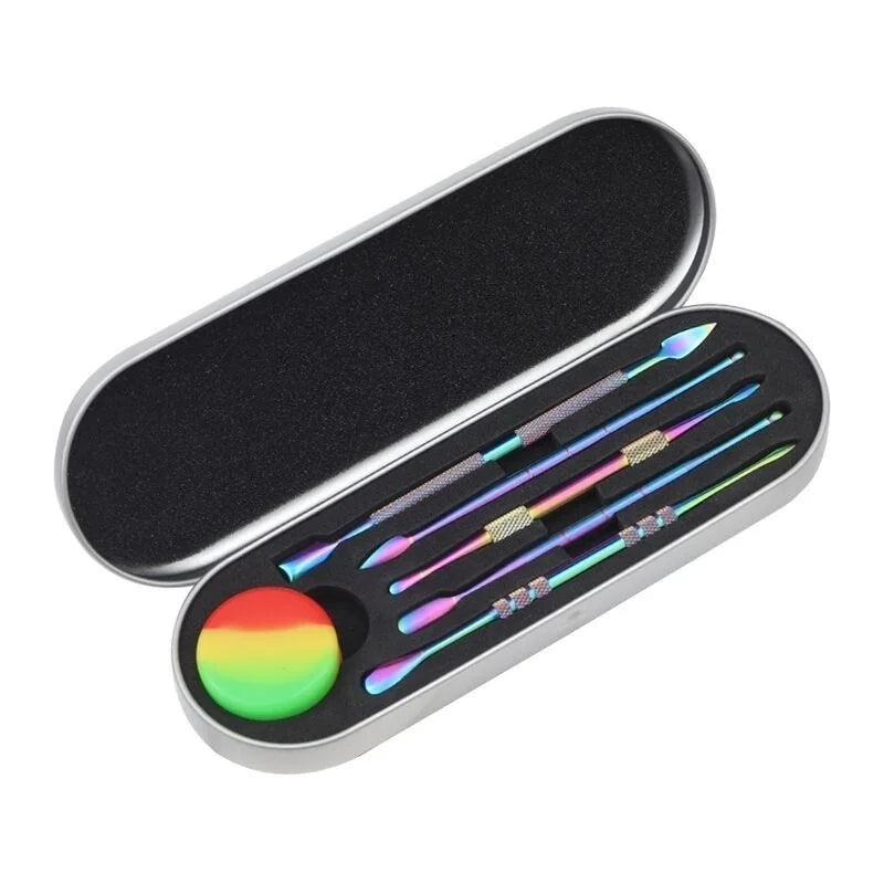 A stainless steel wax carving tool set with silicone containers and a travel case is shown open.