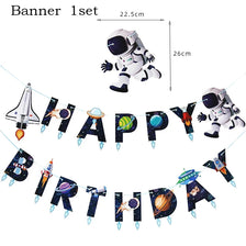 A banner set featuring space astronaut characters in various letters and shapes for a party decoration.