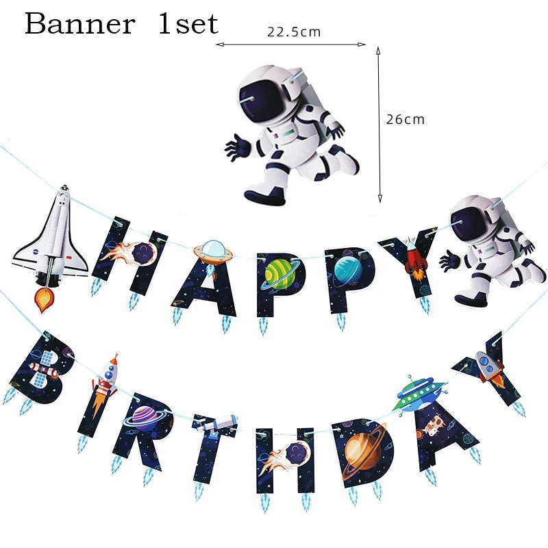 A banner set featuring space astronaut characters in various letters and shapes for a party decoration.