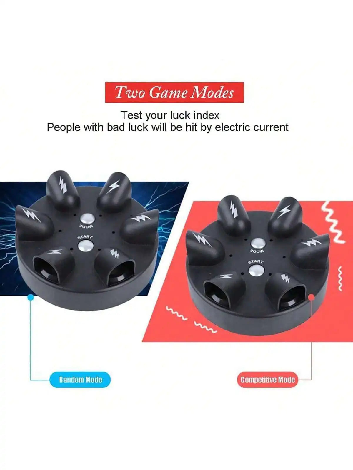 A black electric shock party game device with two modes: Random and Competitive.