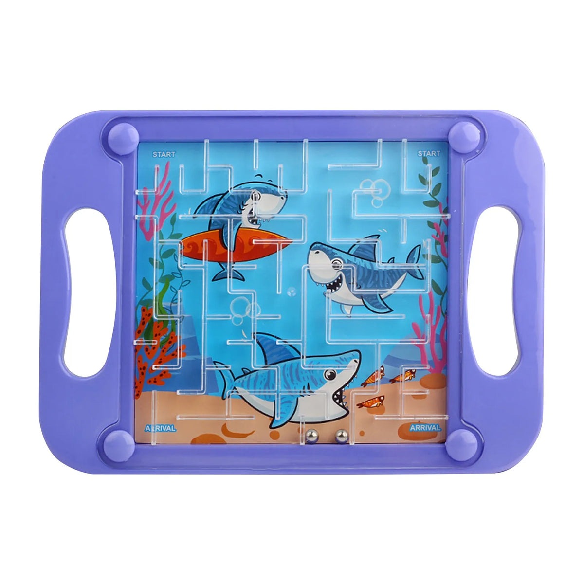 A purple plastic maze ball balancing puzzle featuring marine animals and a maze track.