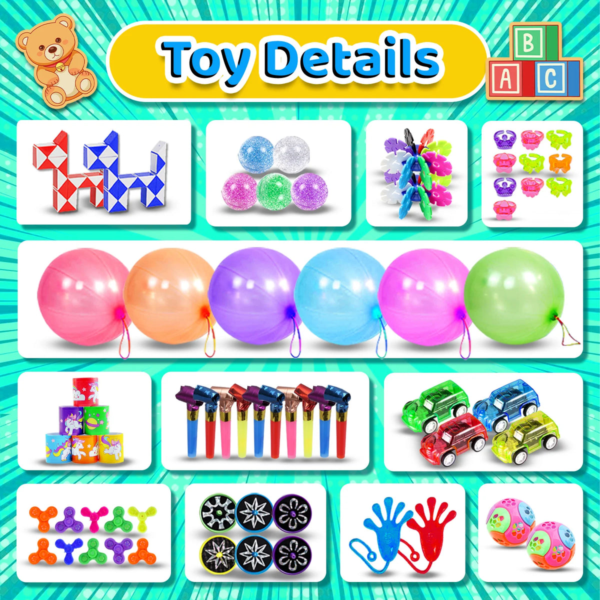 A collection of colorful fidget toys including pop-it pens, sensory balls, and small toys for party favors.
