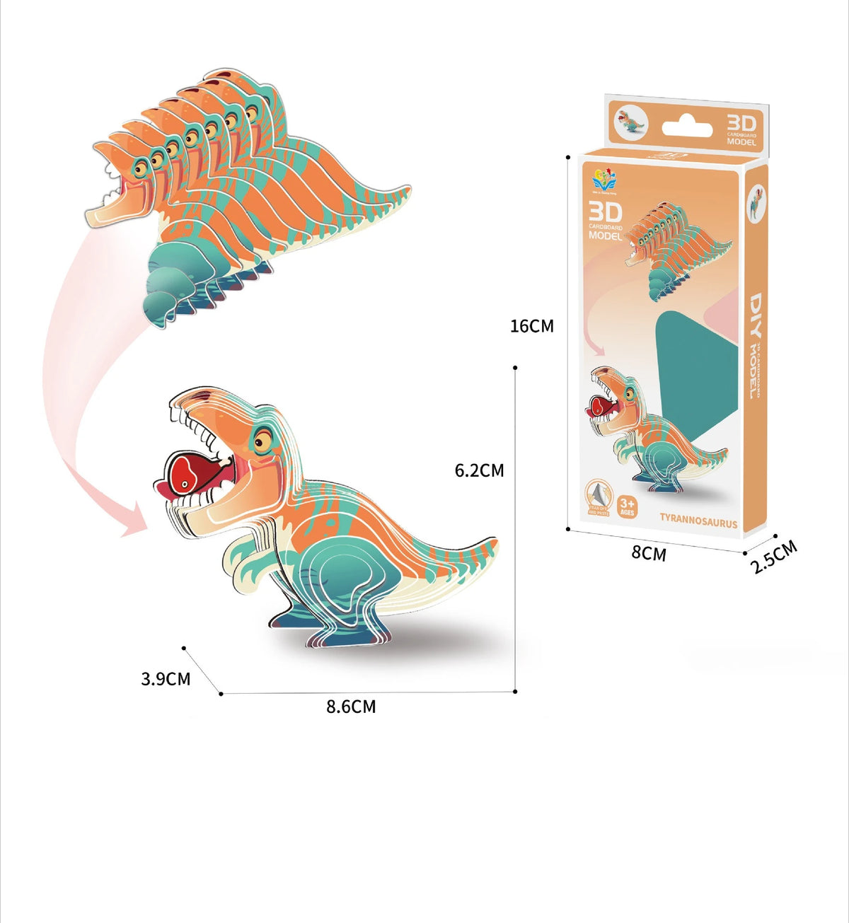 A 3D model paper puzzle set of a dinosaur and ocean creature, packaged in a box.