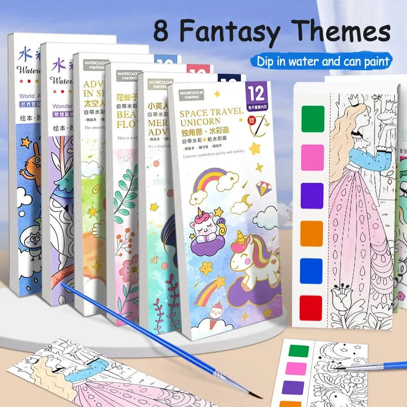 Watercolor Painting Book with Brush — Portable Art Kit for Kids