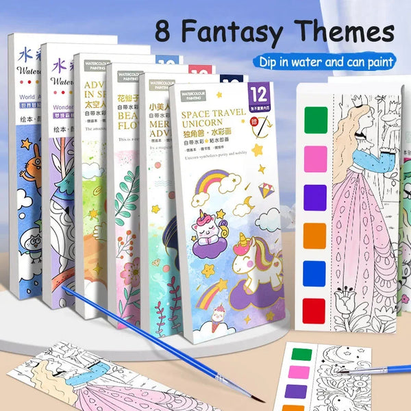 A collection of eight fantasy themed watercolor painting books and art kits displayed on a white surface.