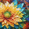 A vibrant diamond painting of a sunflower with warm yellow and orange petals against a blue and green background.