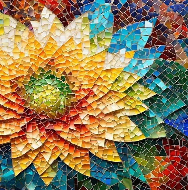 A vibrant diamond painting of a sunflower with warm yellow and orange petals against a blue and green background.