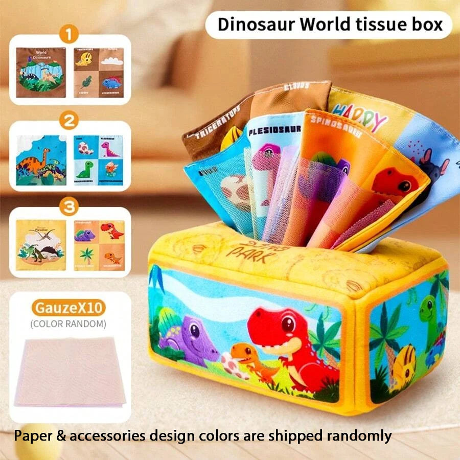A yellow tissue box filled with dinosaur themed tissue paper and accessories for babies