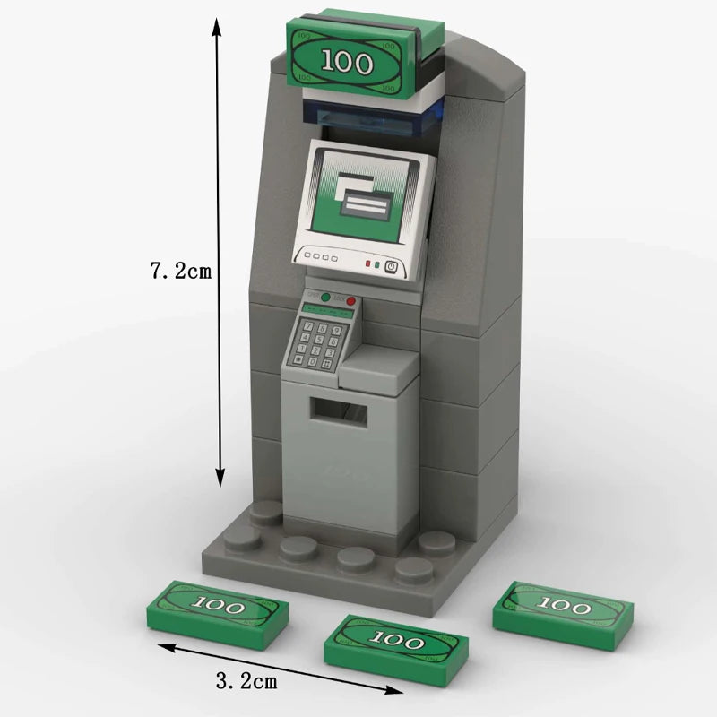 A gray building block set featuring a coin slot and a green coin display, with three loose coins nearby.